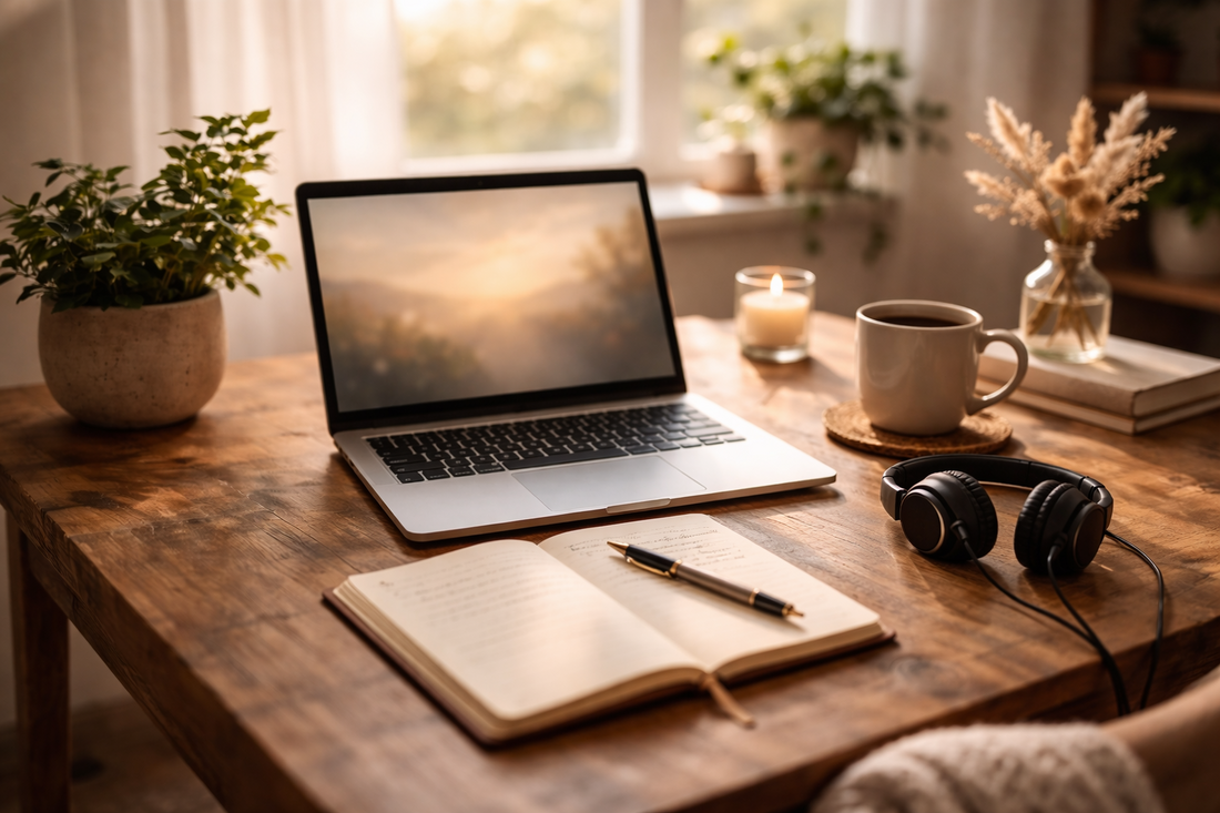 Laptop and notebook on wooden desk representing online counselling session