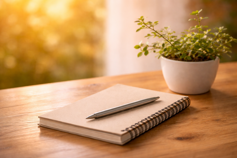 Notebook and pen on wooden desk representing reflection and blog writing