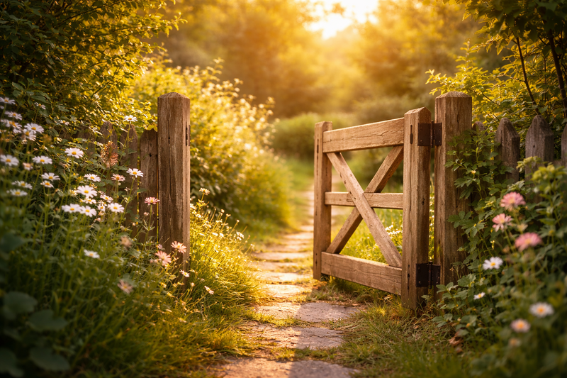 Open wooden gate along sunlit path symbolising welcome to connection by making contact
