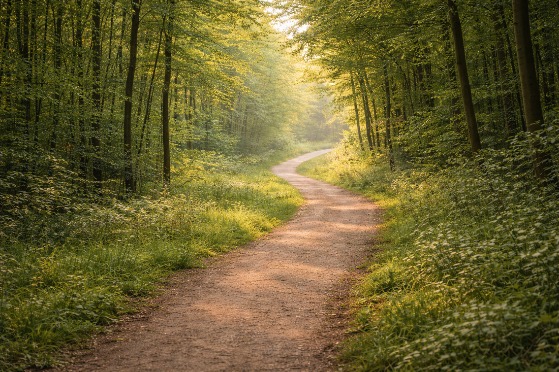 Bright pathway through tall forest representing walking counselling session
