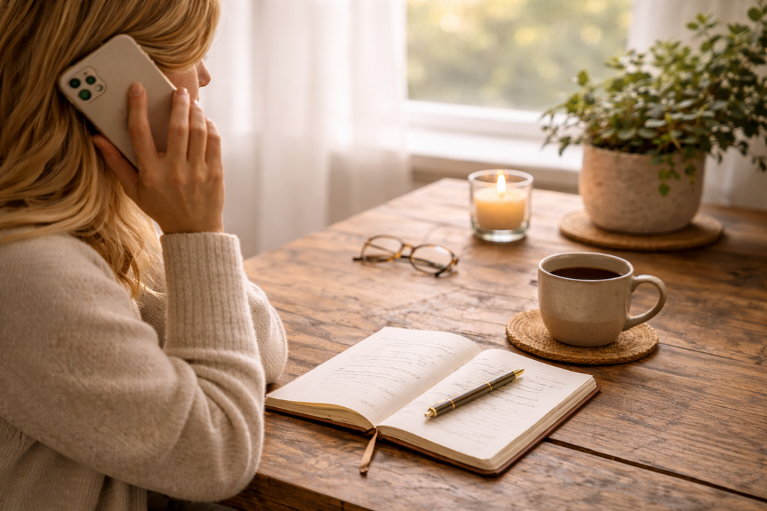 Person on phone while sitting at wooden desk with notebook representing phone counselling session