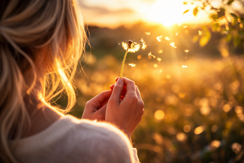 Woman holding dandelion in golden light symbolising sharing information