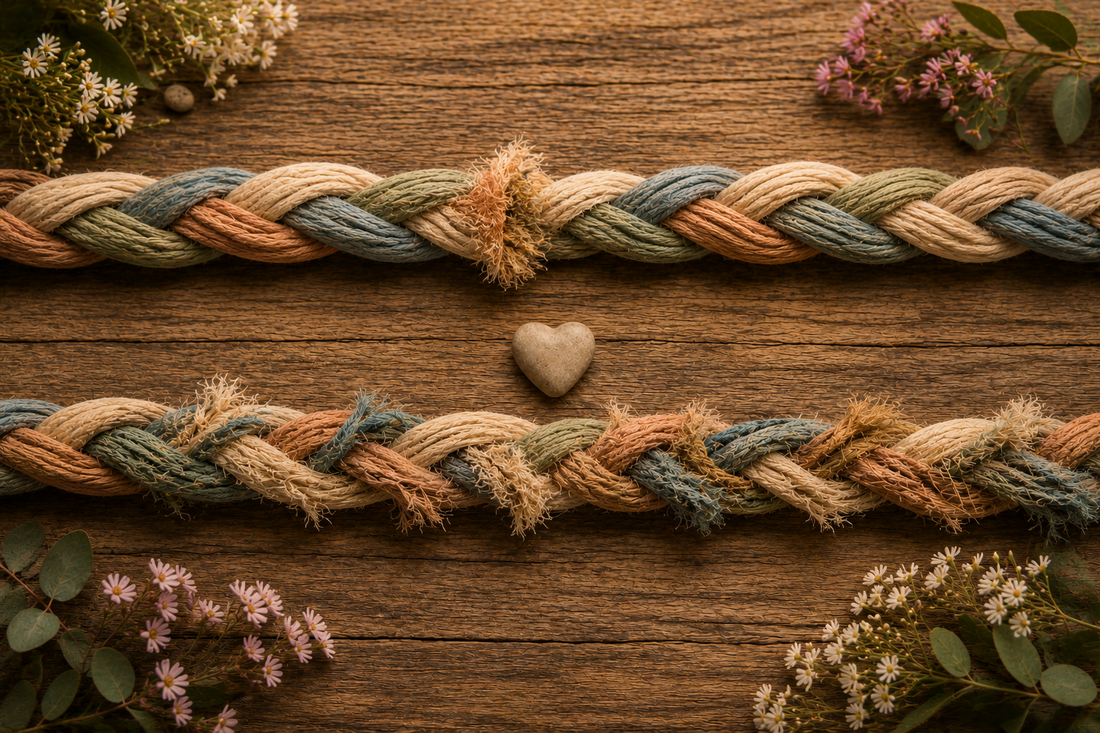 Braided rope with a single frayed section on one side and multiple frayed strands woven throughout the other side, symbolising the difference between PTSD and complex PTSD.