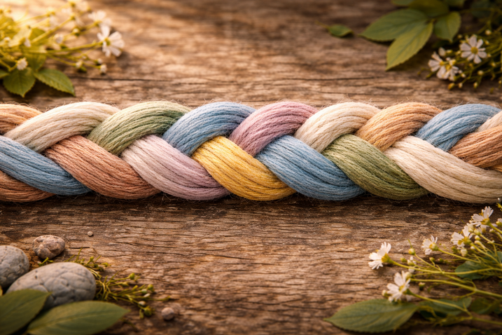Seven braided strands woven together representing interconnected responses to grief and loss