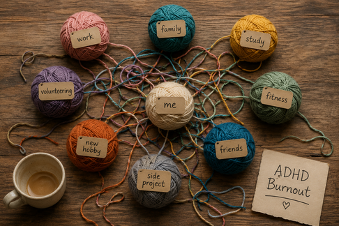 Coloured balls of yarn connected by tangled threads, representing ADHD burnout, overwhelm, competing responsibilities, and mental exhaustion.