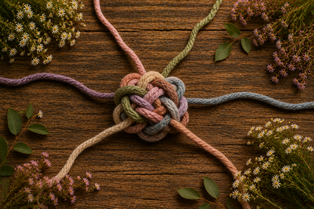 Multiple pastel yarn strands converging into a tight knot on a rustic wooden background, symbolising task paralysis, overwhelm, and difficulty knowing where to begin.