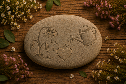 Wilted flower, heart, and watering can engraved on a stone, symbolising compassion fatigue and the emotional exhaustion that can develop from caring for others