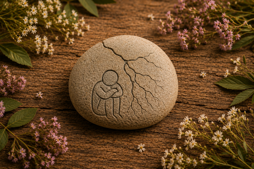 Stone engraved with a curled-up figure and branching cracks, symbolising emotional numbness and shutdown after trauma, surrounded by flowers on a rustic wooden background