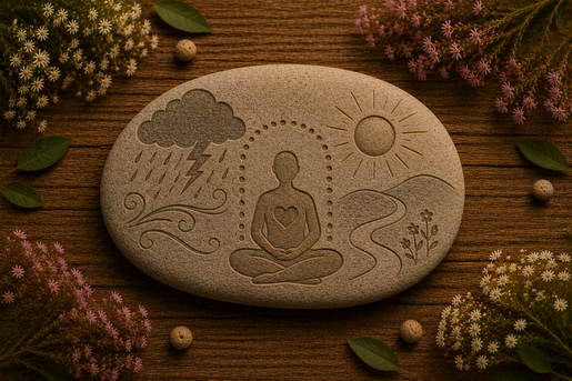 Engraved stone showing a storm cloud, sunshine, and a calm figure with a heart, symbolising emotional regulation and intense emotions in ADHD