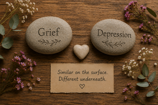 Two engraved stones labelled grief and depression with a heart-shaped stone between them, symbolising the similarities and differences between grief and depression.