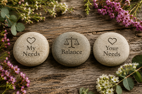 Healthy boundaries represented by three stones engraved with My Needs, Balance, and Your Needs on a rustic wooden background.