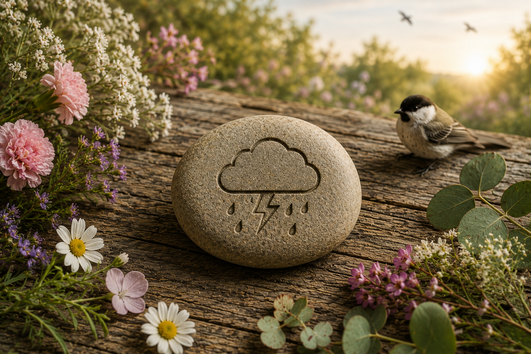 Stone engraved with a storm cloud resting in a peaceful natural setting, symbolising hypervigilance and a nervous system that remains alert even when danger has passed.