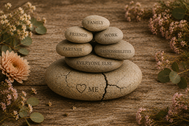 Stack of stones representing family, friends, work and responsibilities resting on a cracked foundation stone labelled 
