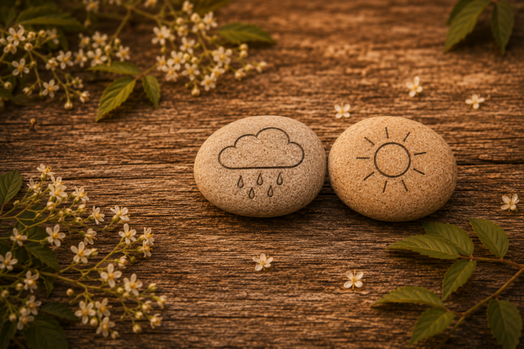 Stones showing sunshine and raincloud symbols representing the mixed emotions experienced after an ADHD diagnosis