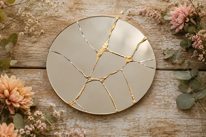 Broken mirror repaired with gold on a rustic wooden background, representing healing from trauma-related shame and self-criticism
