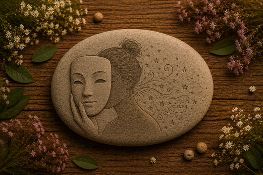 Stone engraving of a person holding a mask in front of their face, symbolising ADHD masking, hidden struggles, and the effort of appearing neurotypical