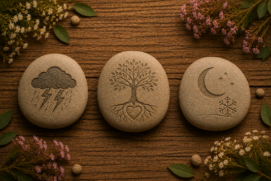Three engraved stones representing hyperarousal, regulation, and hypoarousal, symbolising the window of tolerance and nervous system regulation after trauma
