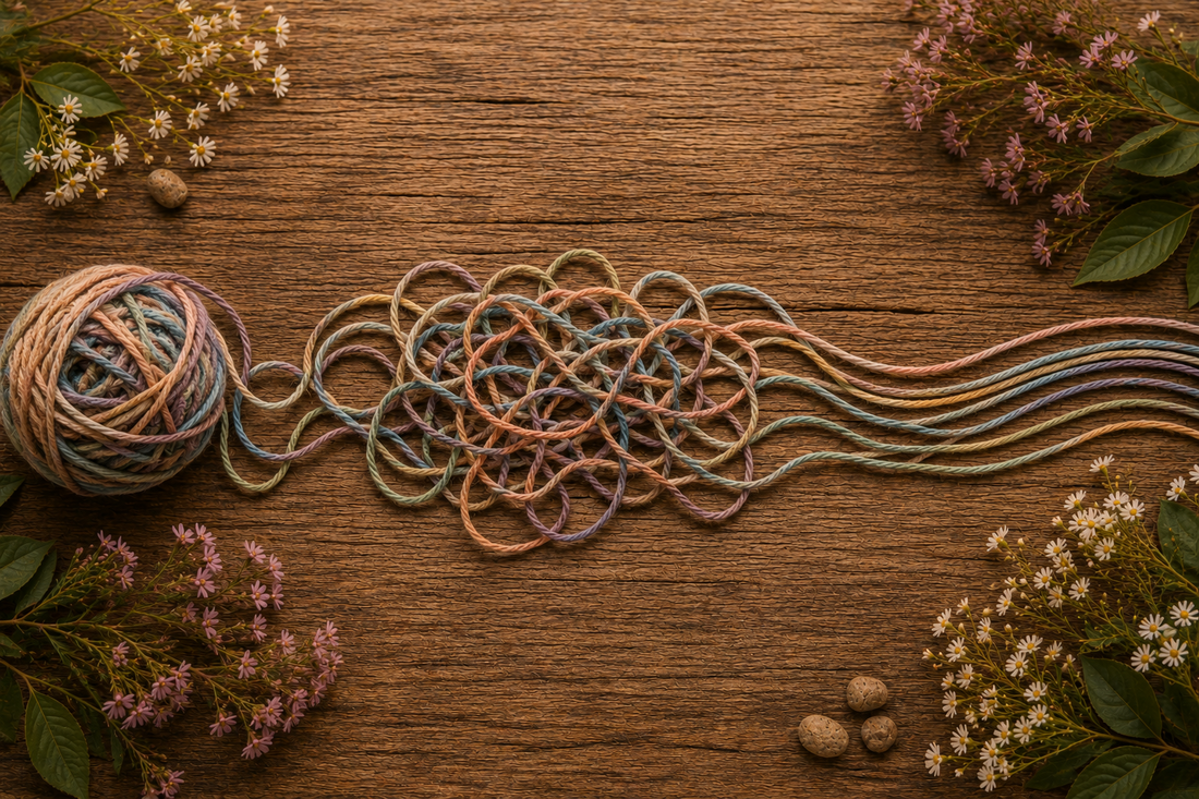 Tangled pastel yarn transitioning into straight strands on a rustic wooden background, symbolising anxiety, overthinking, and the process of finding clarity