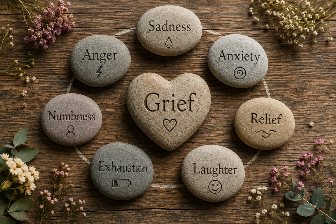 Heart-shaped stone labelled grief surrounded by stones labelled sadness, anger, anxiety, relief, laughter, exhaustion, and numbness, illustrating the many ways grief can present after a loss